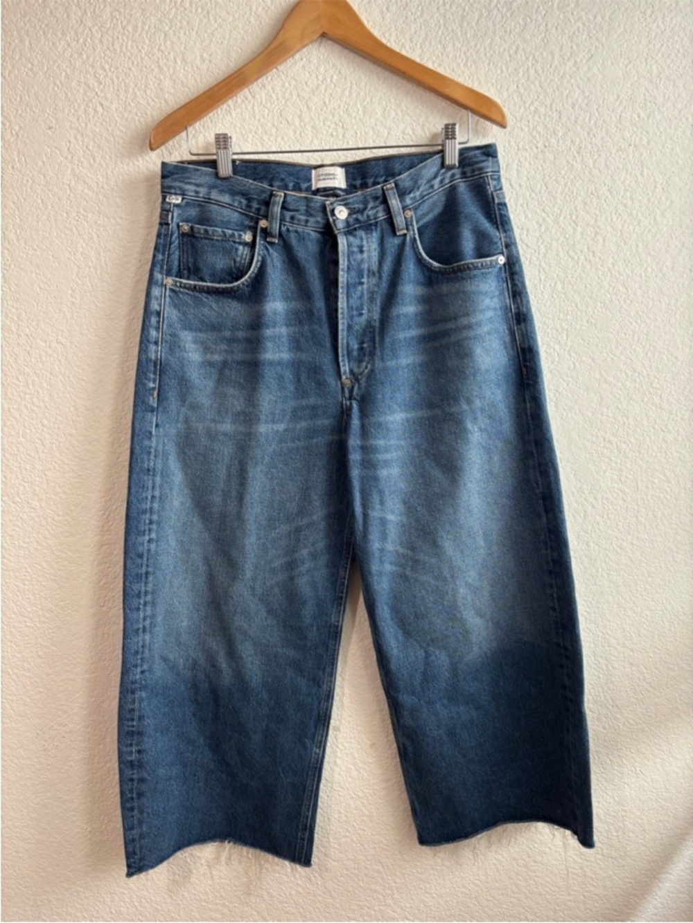 New Citizens of Humanity Ayla Wide Leg Raw Hem Whisker Crop Chaya Blue Jeans 29